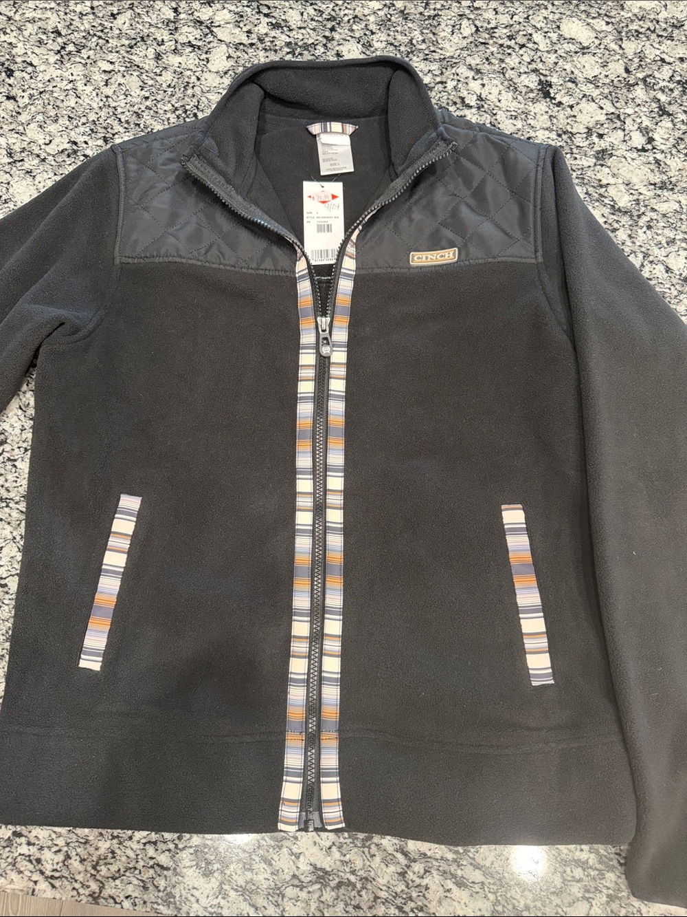 Cinch Black Fleece Jacket with Quilted Yoke and Striped Trim